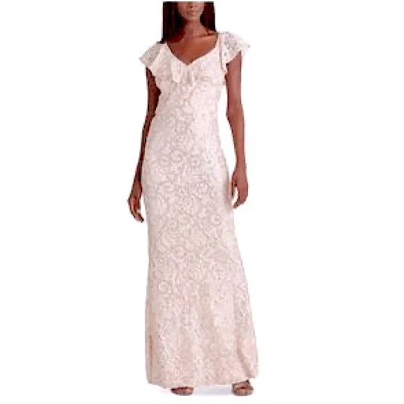 NWT RALPH LAUREN Lace Pink Rose Flutter V Neck Full-Length Evening Dress Size 2 - Picture 2 of 12